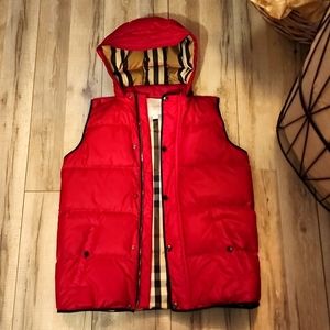 Burberry Red & Plaid Puff Vest, Kids 14Y (or Women's Size Small) w/ Hood